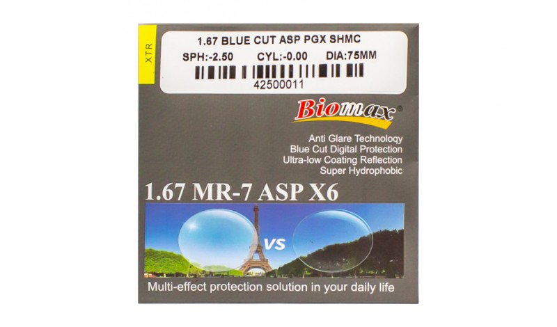 Полімерна фотохромна асферична лінза BIOMAX Ind. 1,67 MR-7 Ø75 (0.0/-15.0)